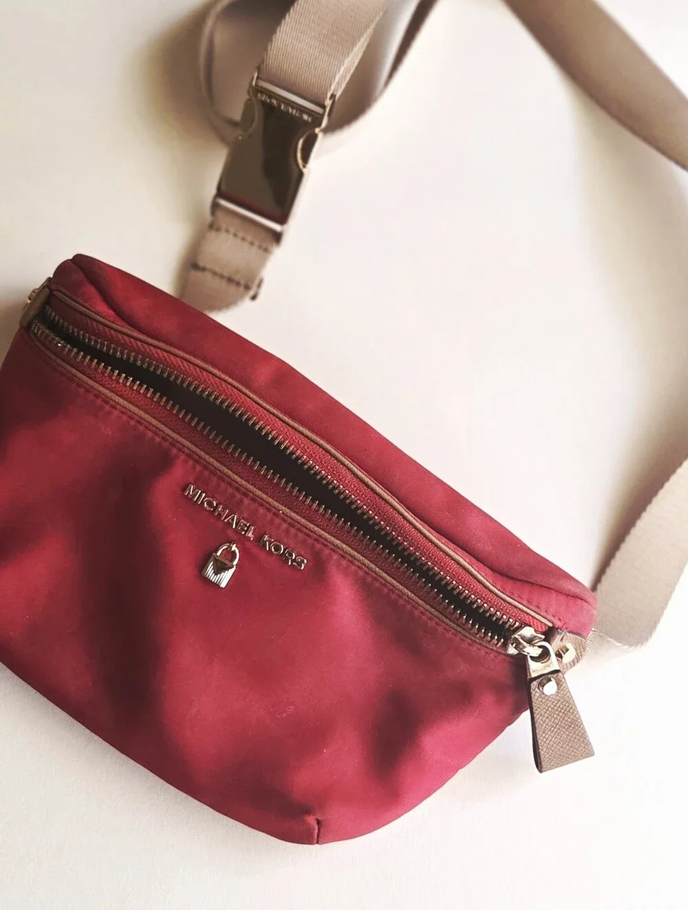 Michael Kors Red Nylon Crossbody Belt Bag with Beige Strap